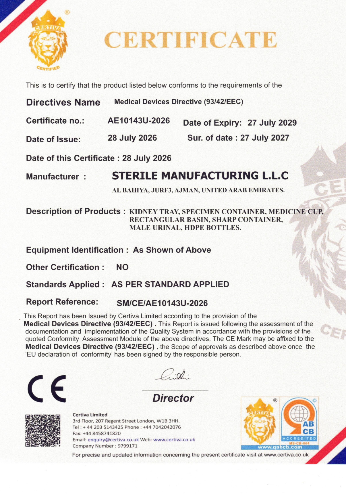 CE certificate for Sterile Manufacturing LLC, certificate AE10143U-2026
