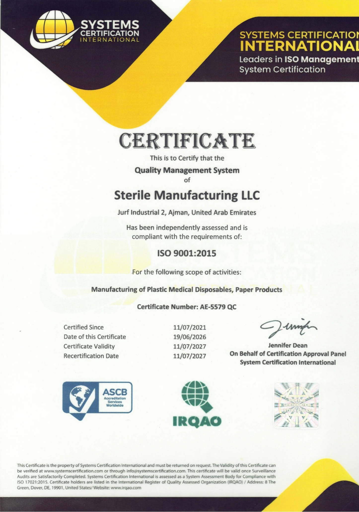 ISO 9001:2015 certificate for Sterile Manufacturing LLC