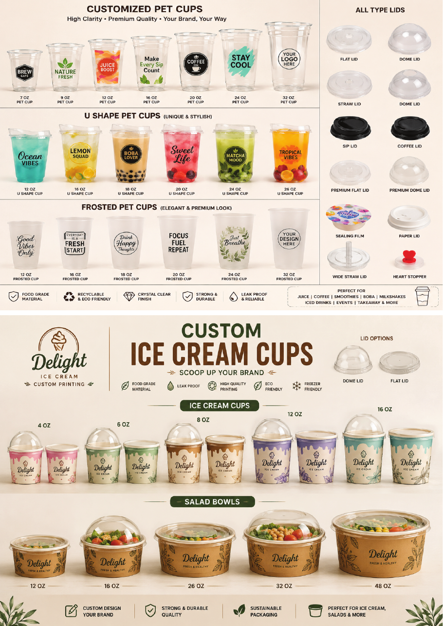 Custom PET, U-shape and frosted cup catalogue page