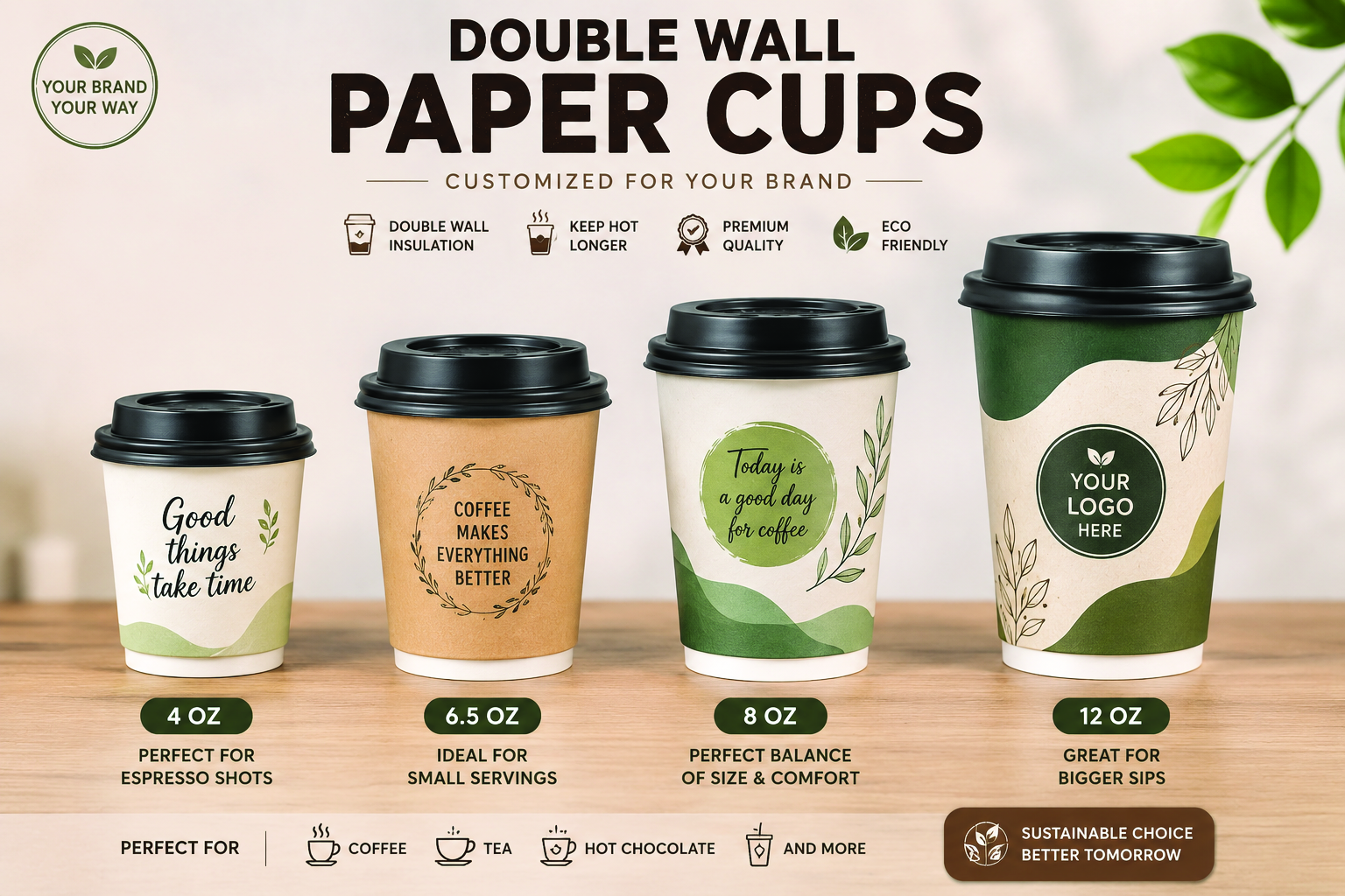 Custom double-wall paper cups in four sizes