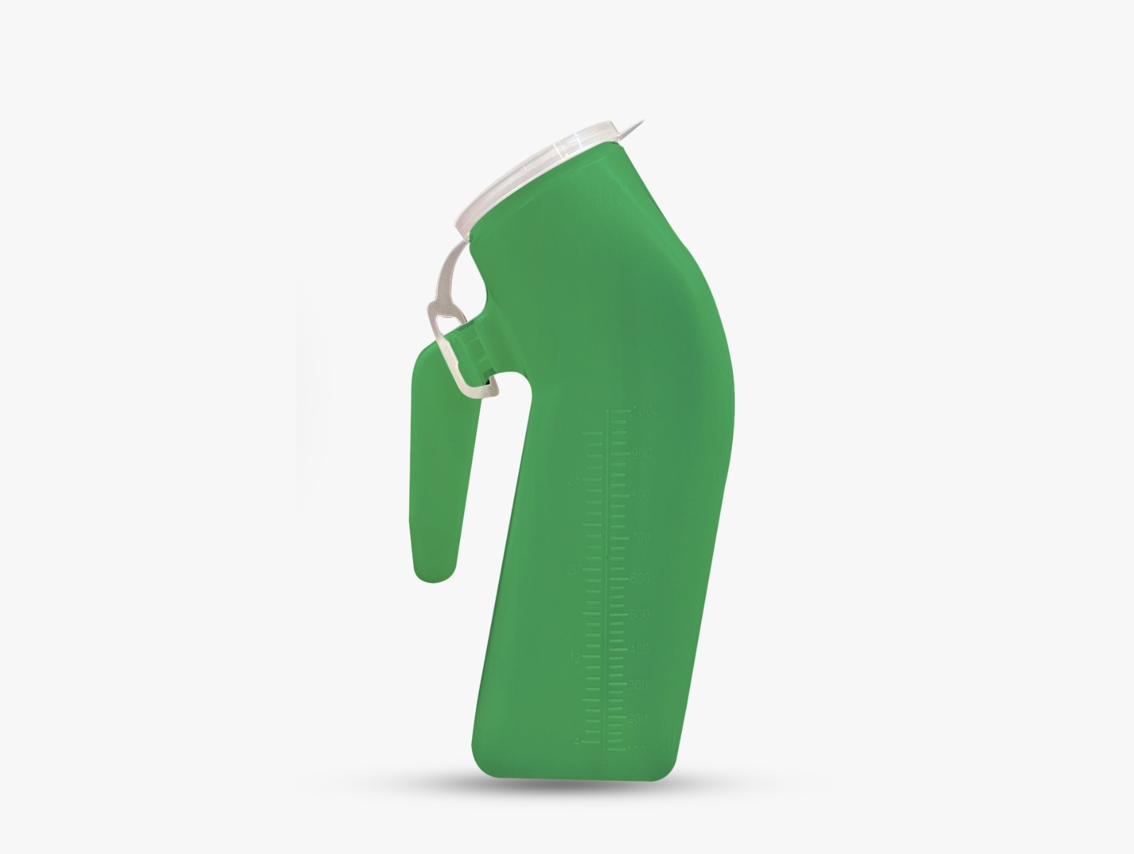 Green male urinal with graduated markings