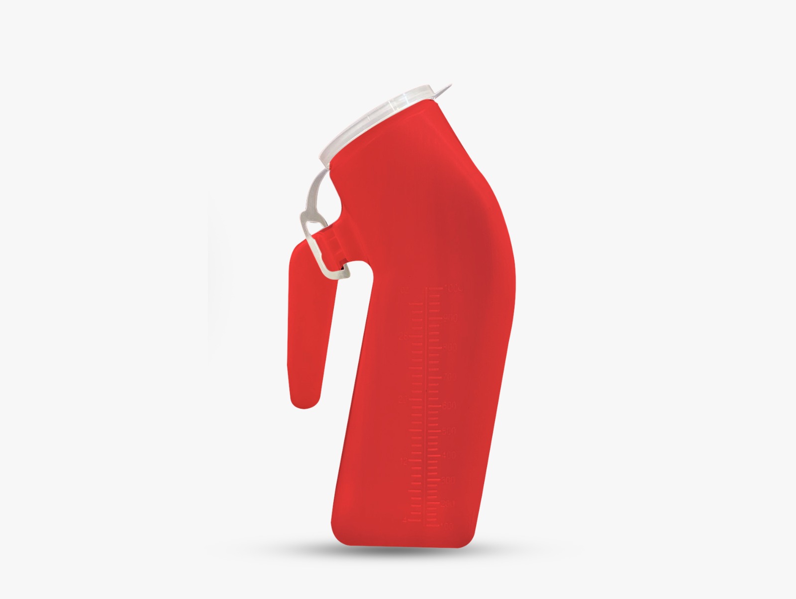Red male urinal with graduated markings