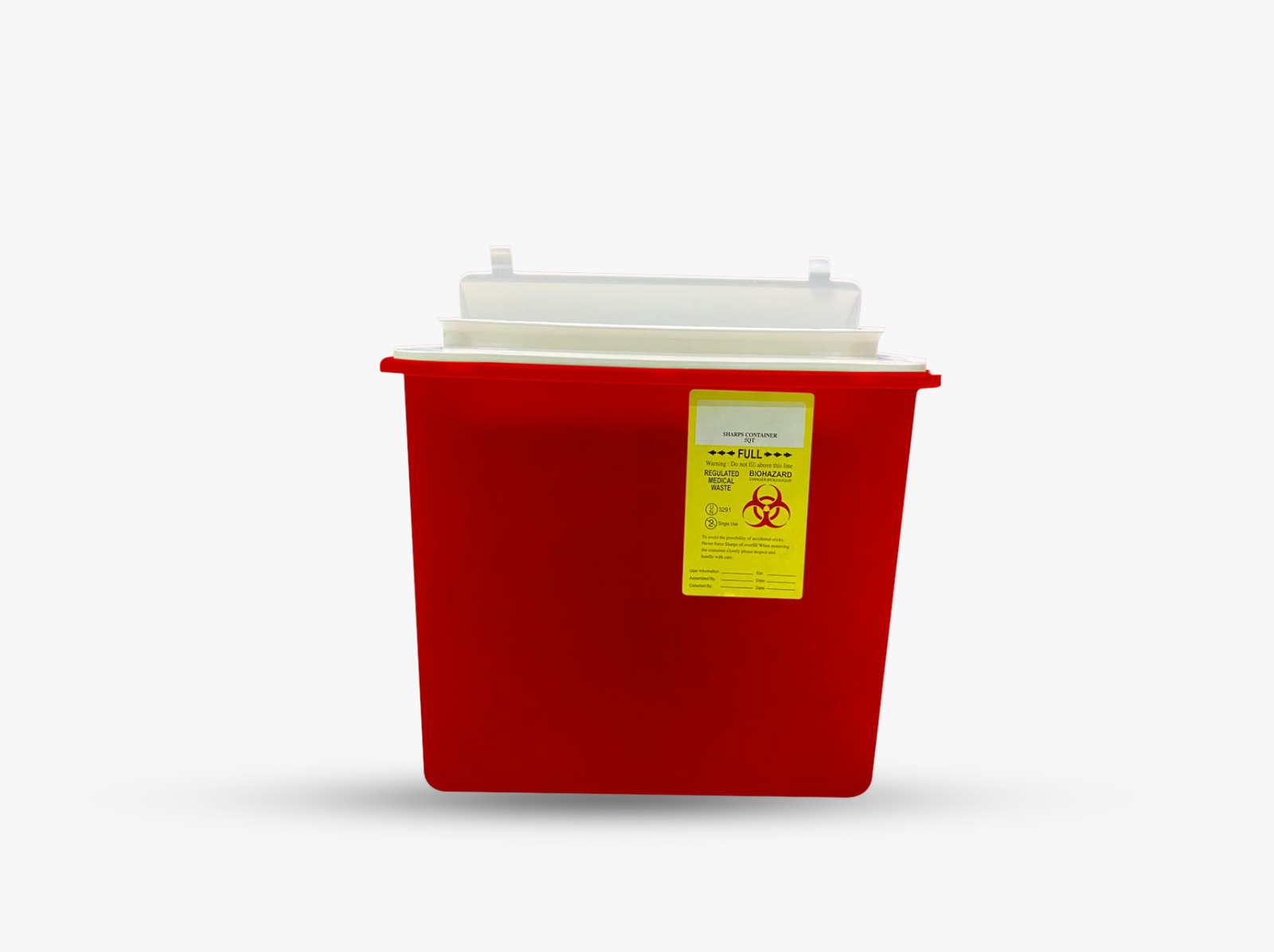 Red sharps container with a secure lid