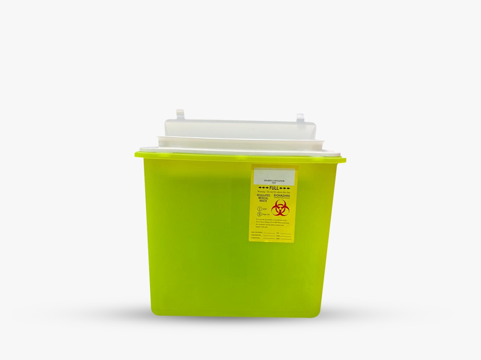 Green sharps container with a secure lid