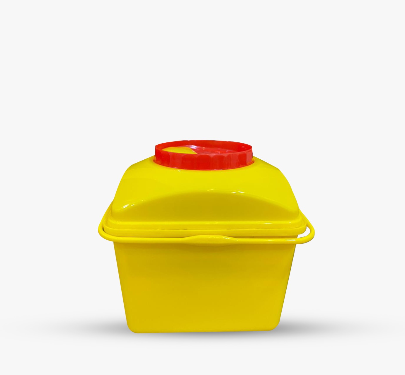 Yellow safety container with a red closure