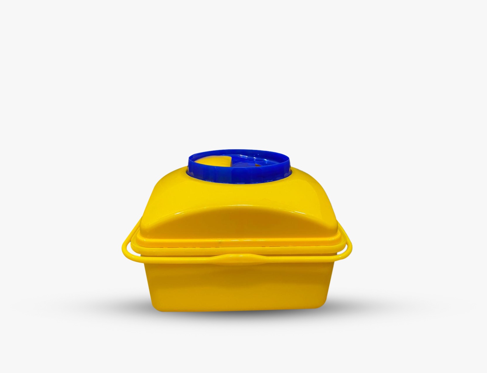Yellow safety container with a blue closure