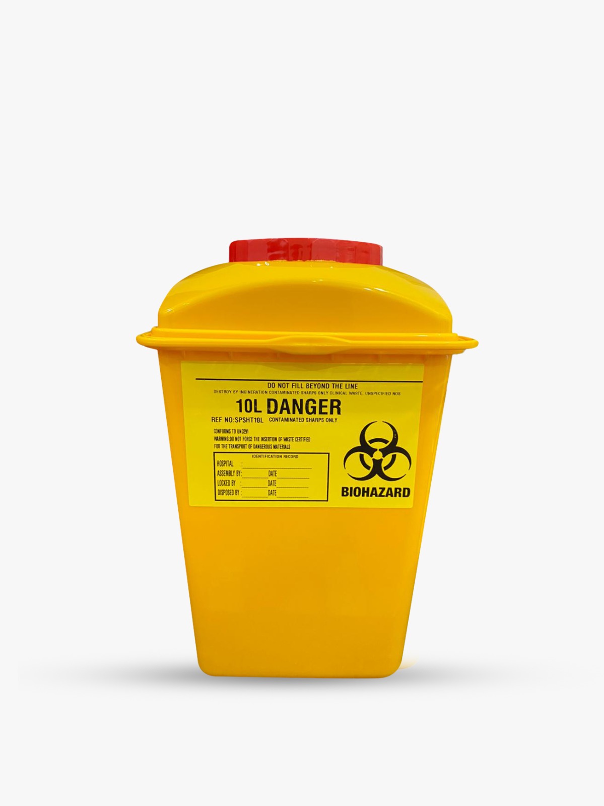 Yellow sharps container with biohazard marking